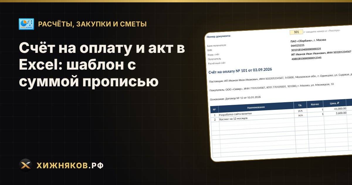 Счёт на оплату и акт в Excel: шаблон с суммой прописью