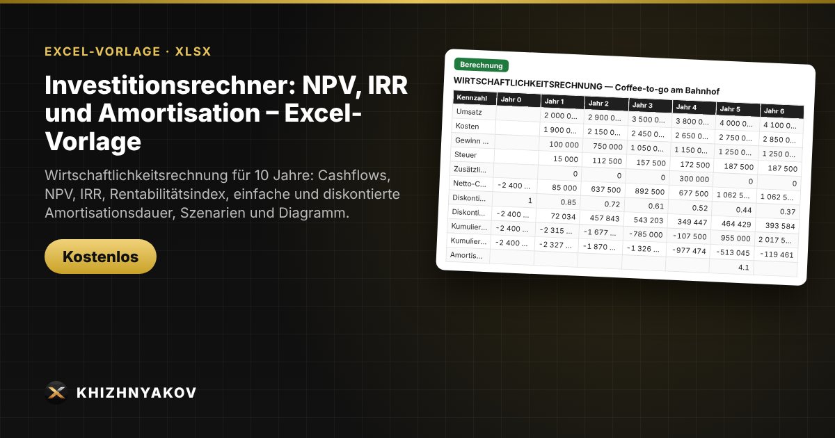Investitionsrechner: NPV, IRR und Amortisation – Excel-Vorlage