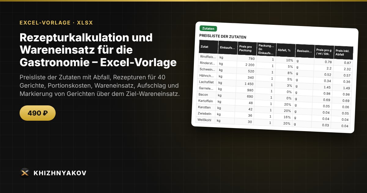 Rezepturkalkulation und Wareneinsatz für die Gastronomie – Excel-Vorlage