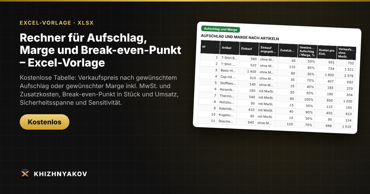 Rechner für Aufschlag, Marge und Break-even-Punkt – Excel-Vorlage
