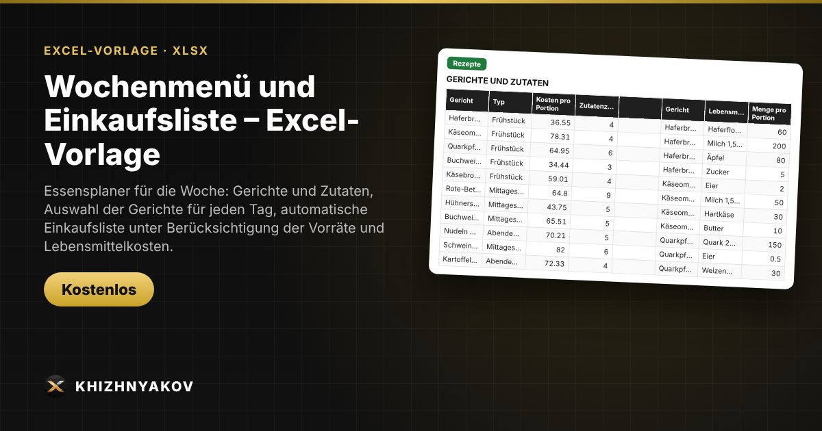 Wochenmenü und Einkaufsliste – Excel-Vorlage
