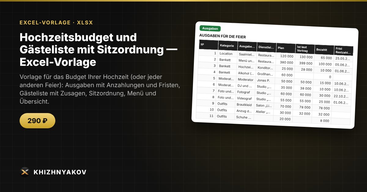Hochzeitsbudget und Gästeliste mit Sitzordnung — Excel-Vorlage