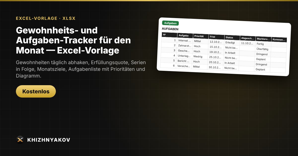 Gewohnheits- und Aufgaben-Tracker für den Monat — Excel-Vorlage