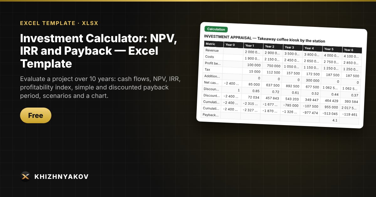 Investment Calculator: NPV, IRR and Payback — Excel Template
