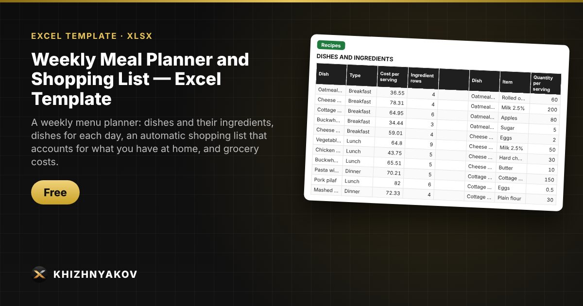 Weekly Meal Planner and Shopping List — Excel Template