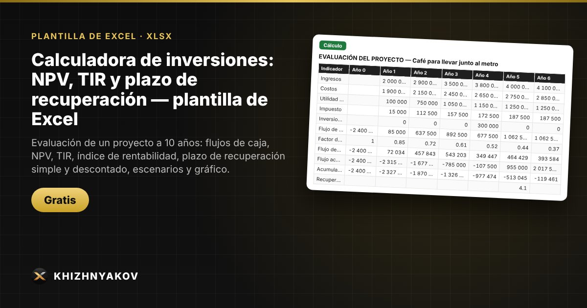 Calculadora de inversiones: NPV, TIR y plazo de recuperación — plantilla de Excel