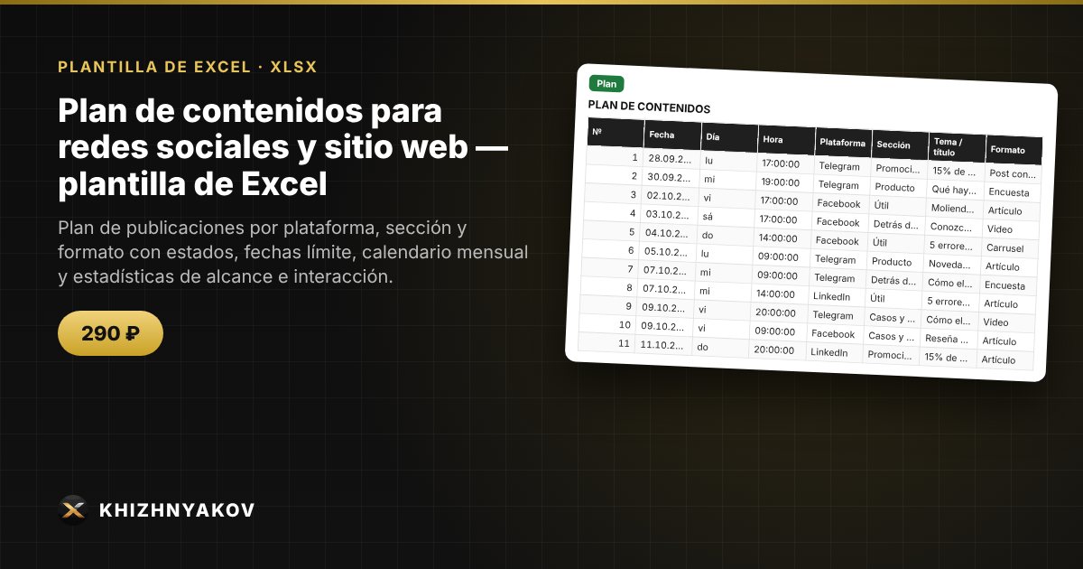 Plan de contenidos para redes sociales y sitio web — plantilla de Excel