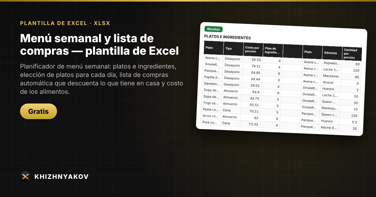 Menú semanal y lista de compras — plantilla de Excel