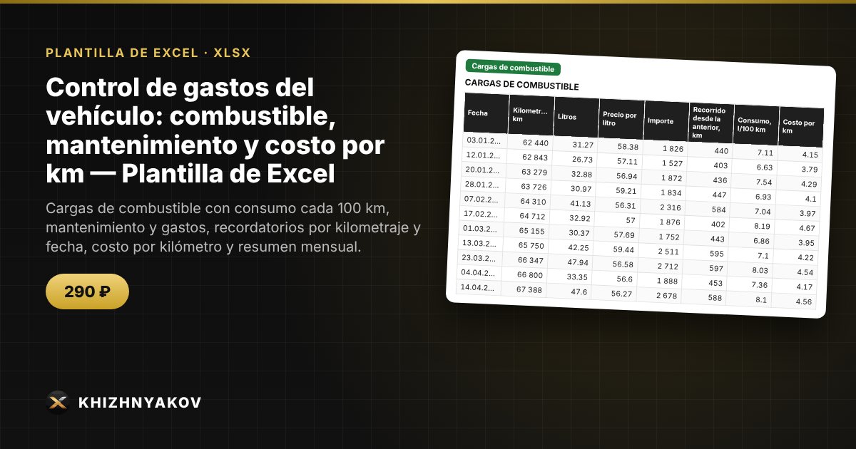 Control de gastos del vehículo: combustible, mantenimiento y costo por km — Plantilla de Excel