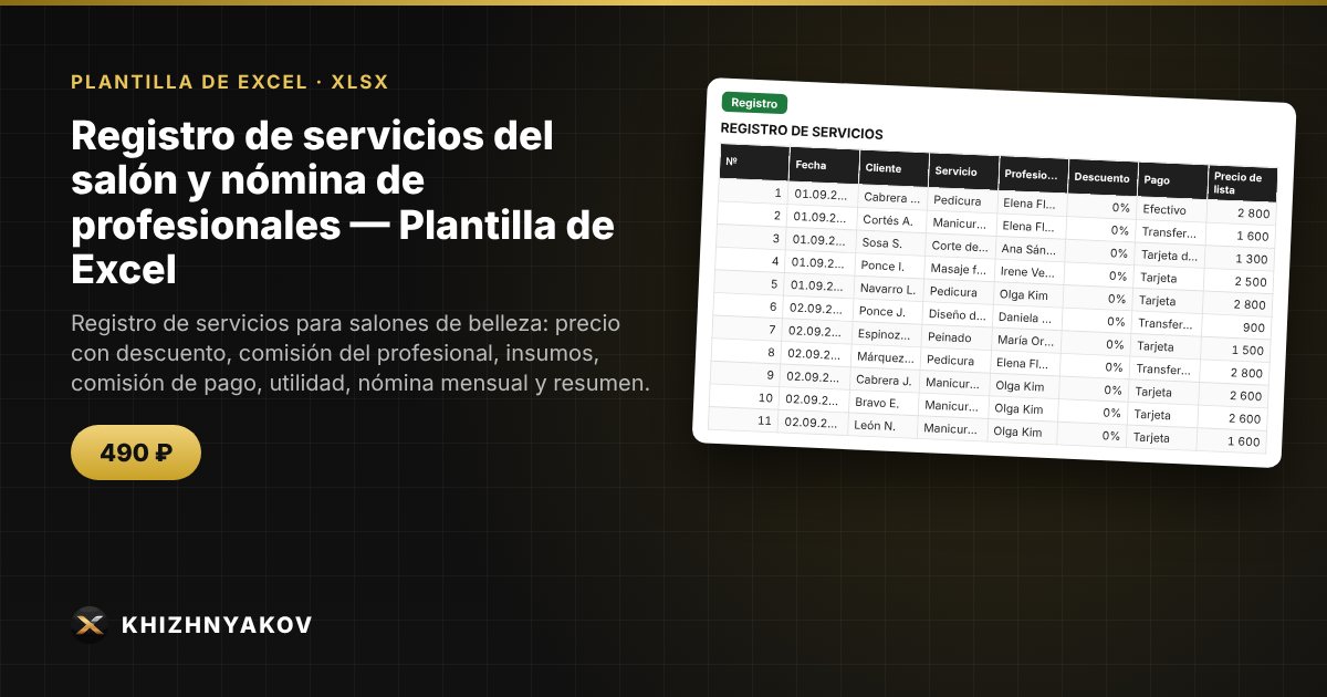 Registro de servicios del salón y nómina de profesionales — Plantilla de Excel