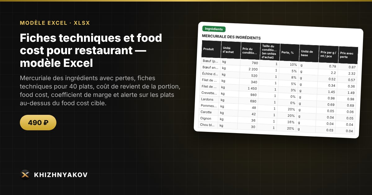 Fiches techniques et food cost pour restaurant — modèle Excel