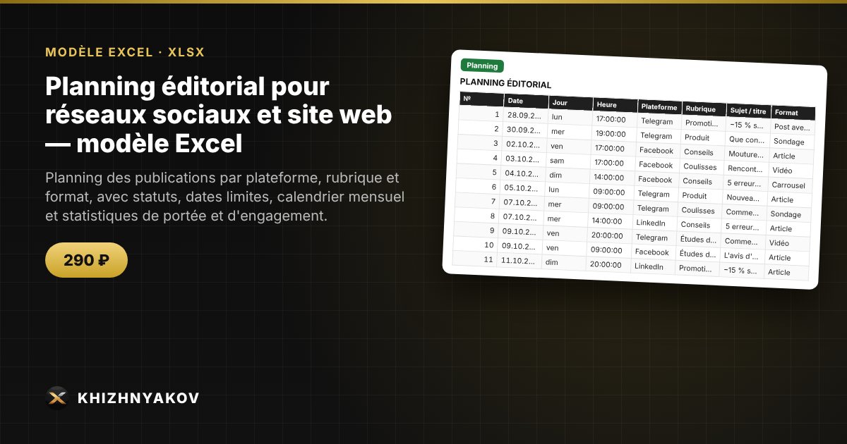 Planning éditorial pour réseaux sociaux et site web — modèle Excel