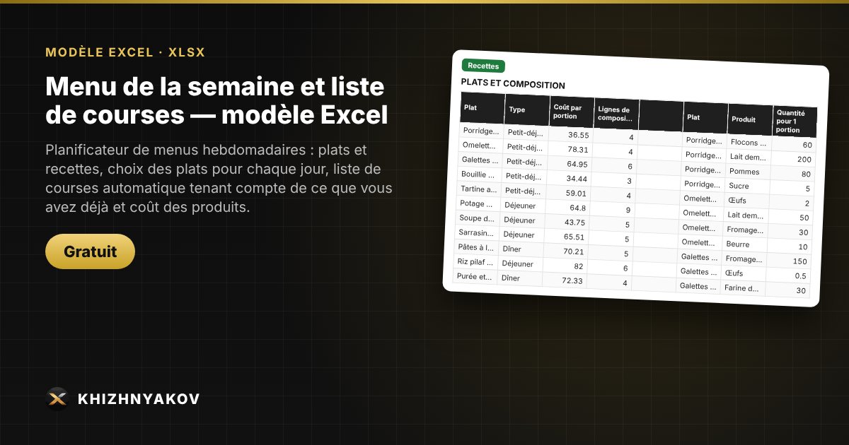 Menu de la semaine et liste de courses — modèle Excel