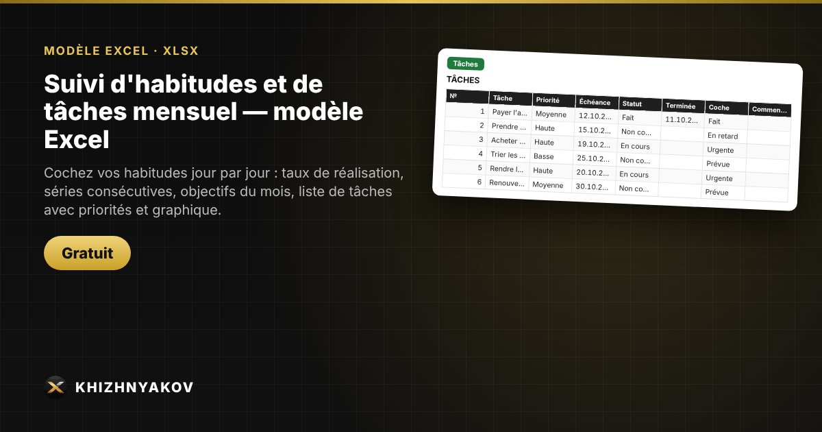 Suivi d'habitudes et de tâches mensuel — modèle Excel