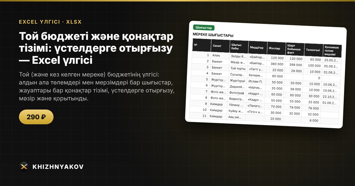 Той бюджеті және қонақтар тізімі: үстелдерге отырғызу — Excel үлгісі