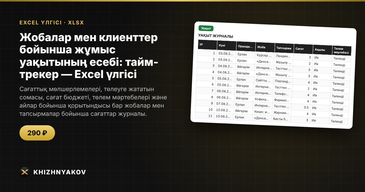 Жобалар мен клиенттер бойынша жұмыс уақытының есебі: тайм-трекер — Excel үлгісі