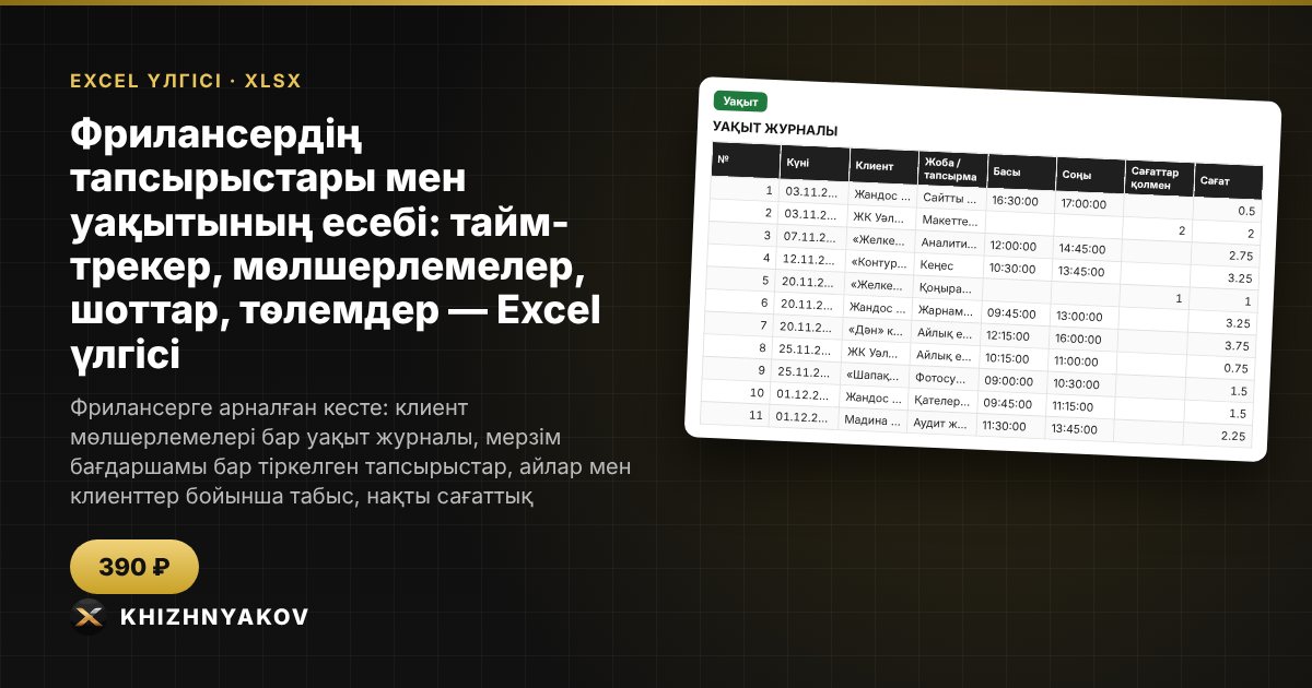Фрилансердің тапсырыстары мен уақытының есебі: тайм-трекер, мөлшерлемелер, шоттар, төлемдер — Excel үлгісі