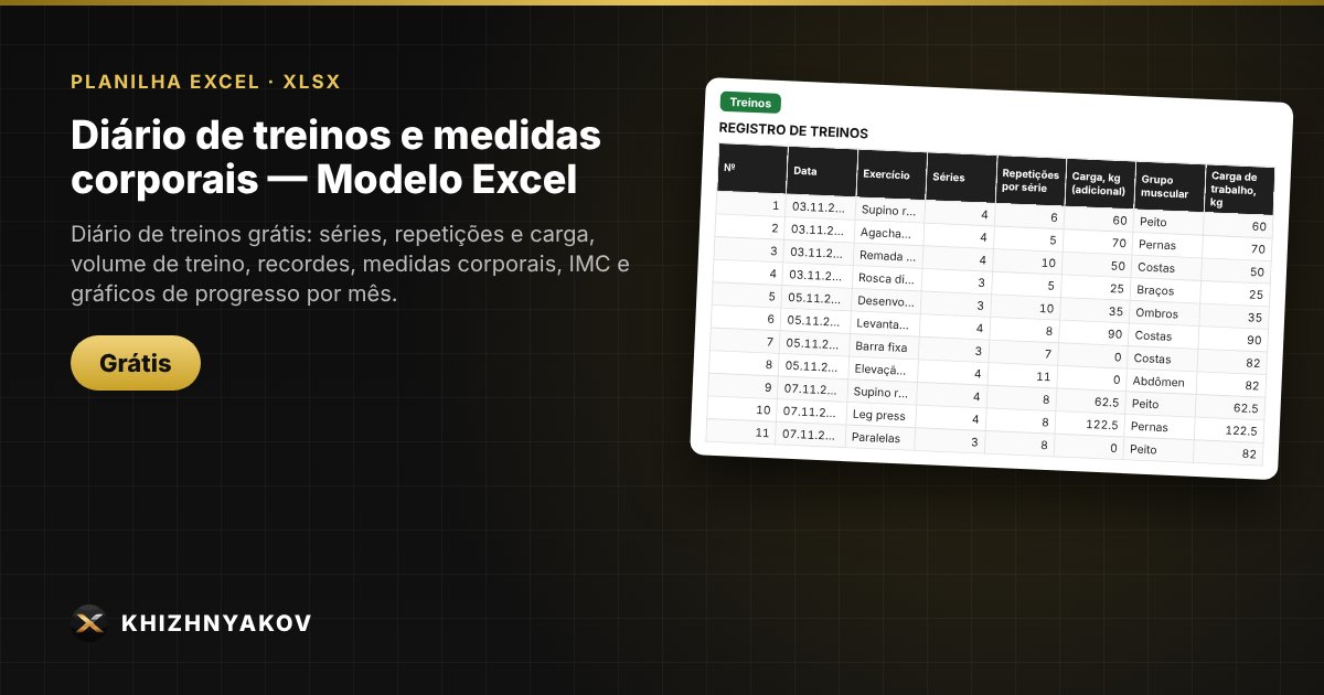 Diário de treinos e medidas corporais — Modelo Excel