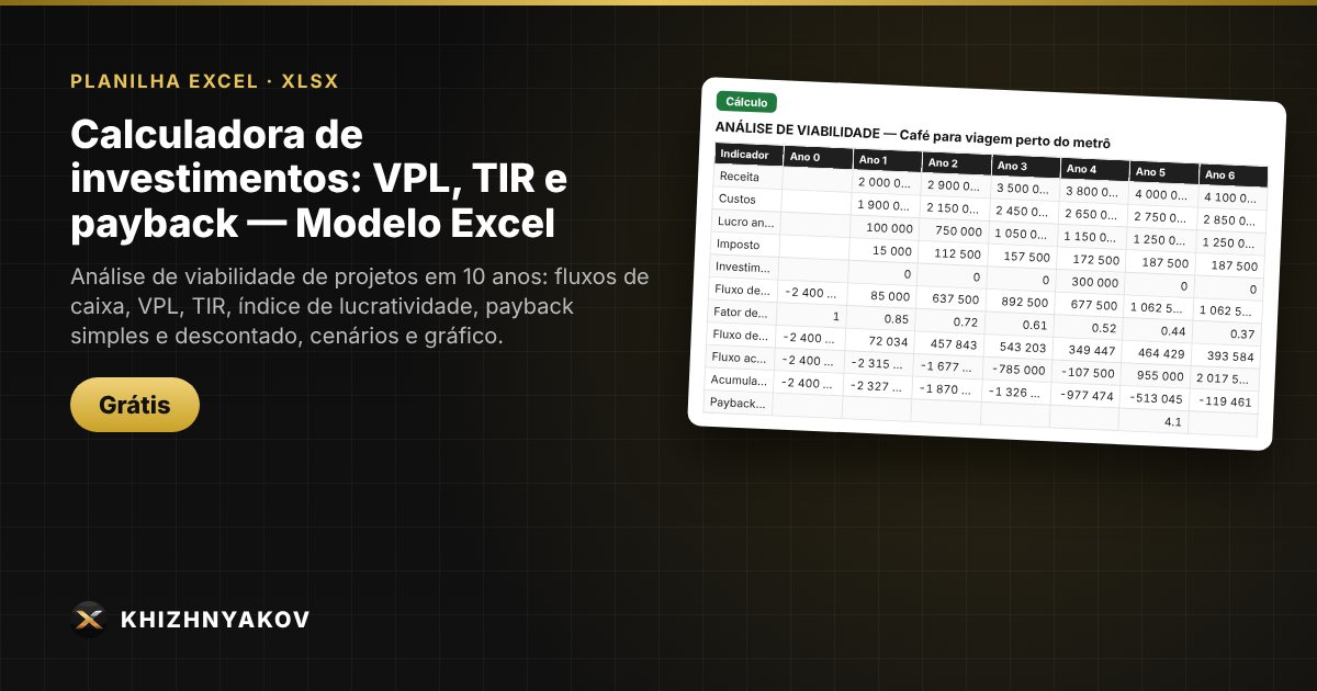 Calculadora de investimentos: VPL, TIR e payback — Modelo Excel