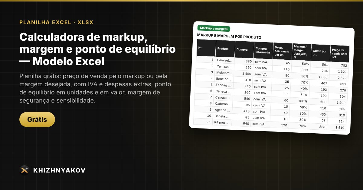 Calculadora de markup, margem e ponto de equilíbrio — Modelo Excel