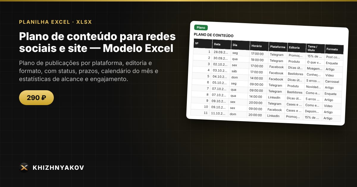 Plano de conteúdo para redes sociais e site — Modelo Excel