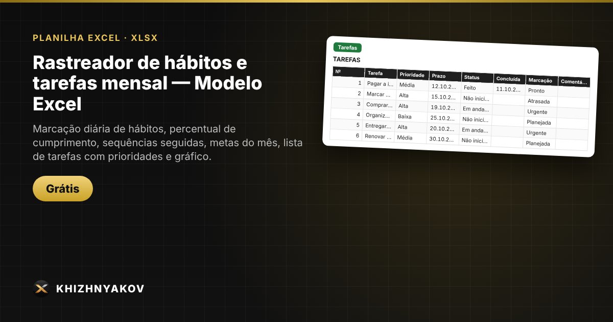 Rastreador de hábitos e tarefas mensal — Modelo Excel