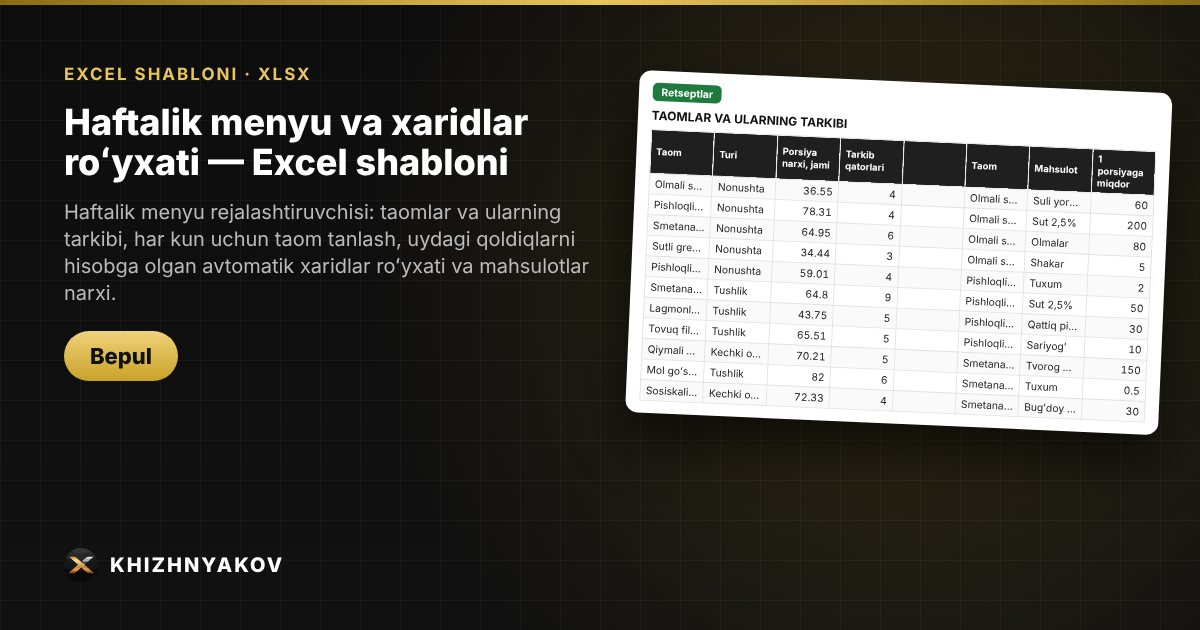 Haftalik menyu va xaridlar roʻyxati — Excel shabloni