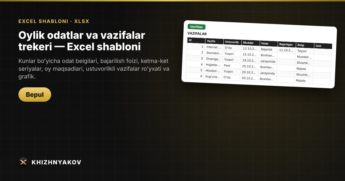 Oylik odatlar va vazifalar trekeri — Excel shabloni