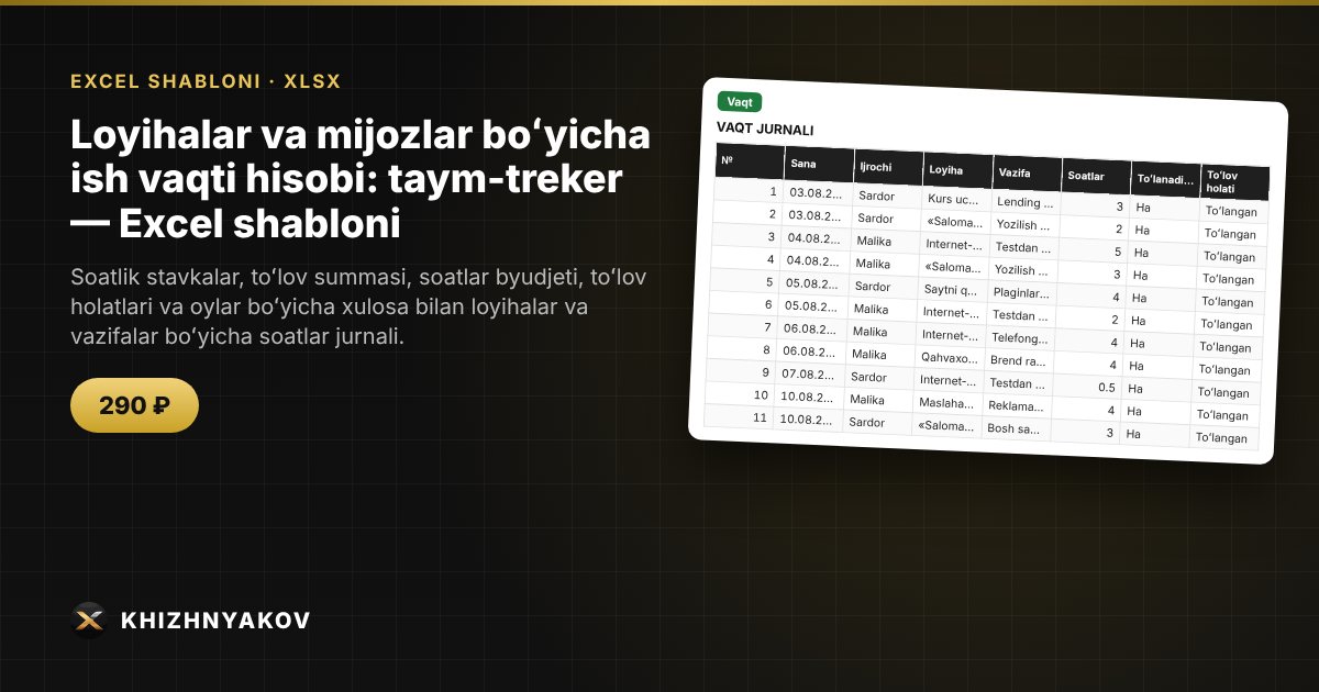 Loyihalar va mijozlar boʻyicha ish vaqti hisobi: taym-treker — Excel shabloni