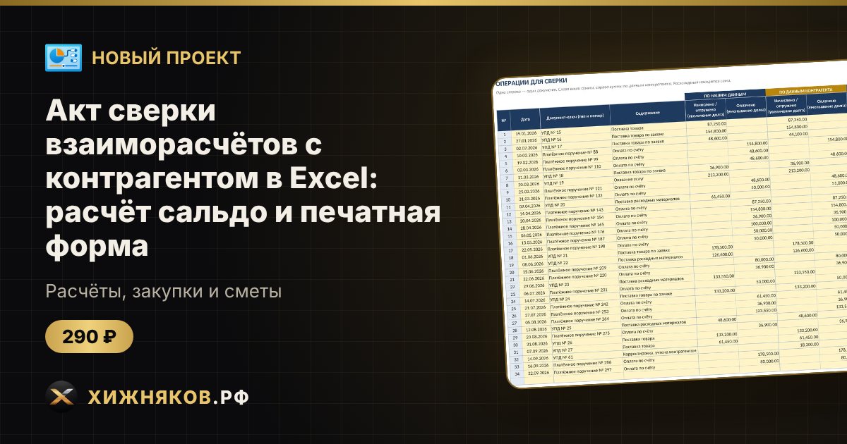 Акт сверки взаиморасчётов с контрагентом в Excel: расчёт сальдо и печатная форма — фото 1