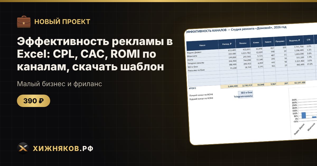 Эффективность рекламы в Excel: CPL, CAC, ROMI по каналам, скачать шаблон — фото 1