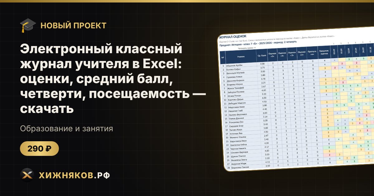 Электронный классный журнал учителя в Excel: оценки, средний балл, четверти, посещаемость — скачать — фото 1