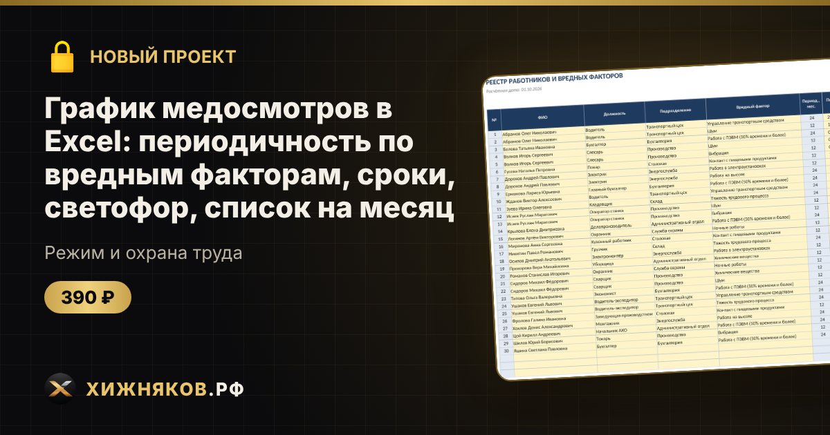 График медосмотров в Excel: периодичность по вредным факторам, сроки, светофор, список на месяц — фото 1