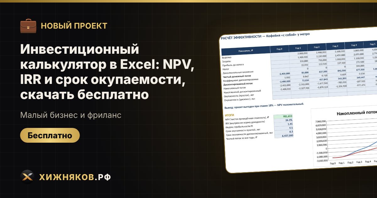 Инвестиционный калькулятор в Excel: NPV, IRR и срок окупаемости, скачать бесплатно — фото 1