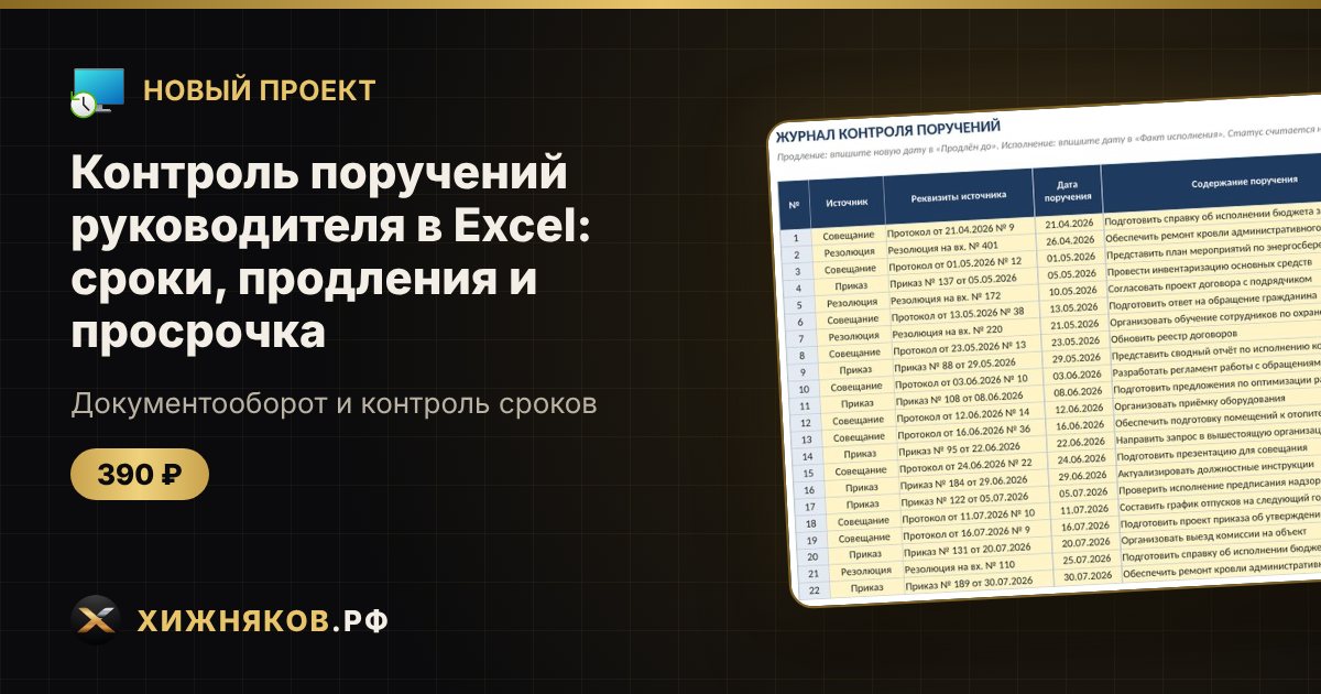 Контроль поручений руководителя в Excel: сроки, продления и просрочка — фото 1