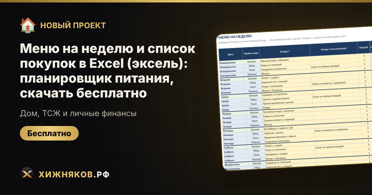 Меню на неделю и список покупок в Excel (эксель): планировщик питания, скачать бесплатно — фото 1