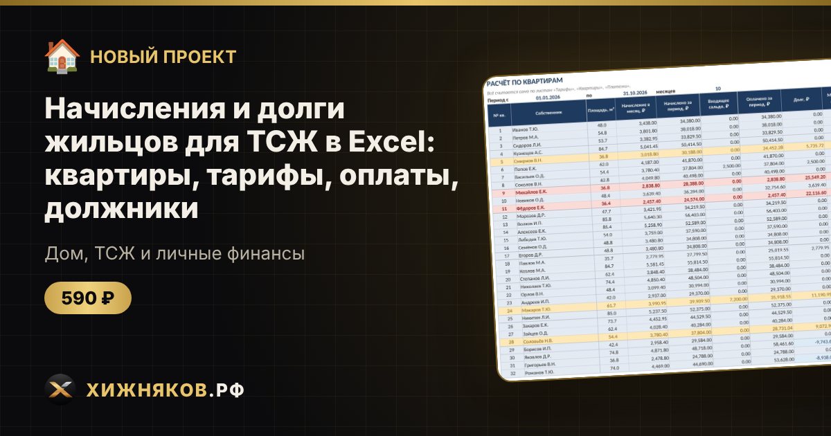 Начисления и долги жильцов для ТСЖ в Excel: квартиры, тарифы, оплаты, должники — фото 1