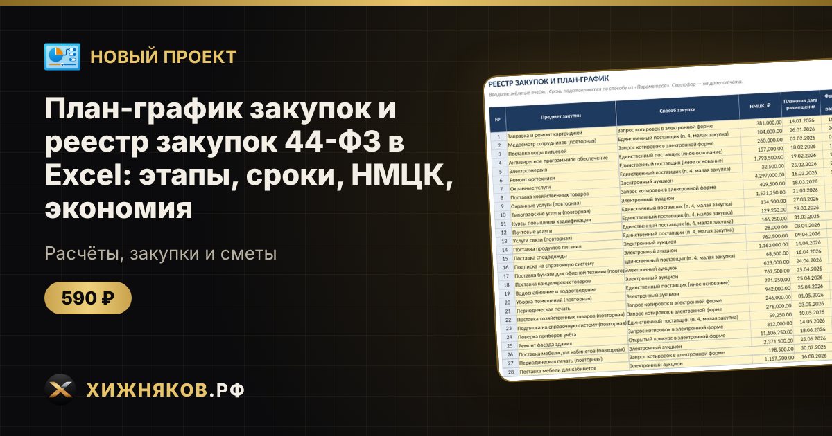 План-график закупок и реестр закупок 44-ФЗ в Excel: этапы, сроки, НМЦК, экономия — фото 1