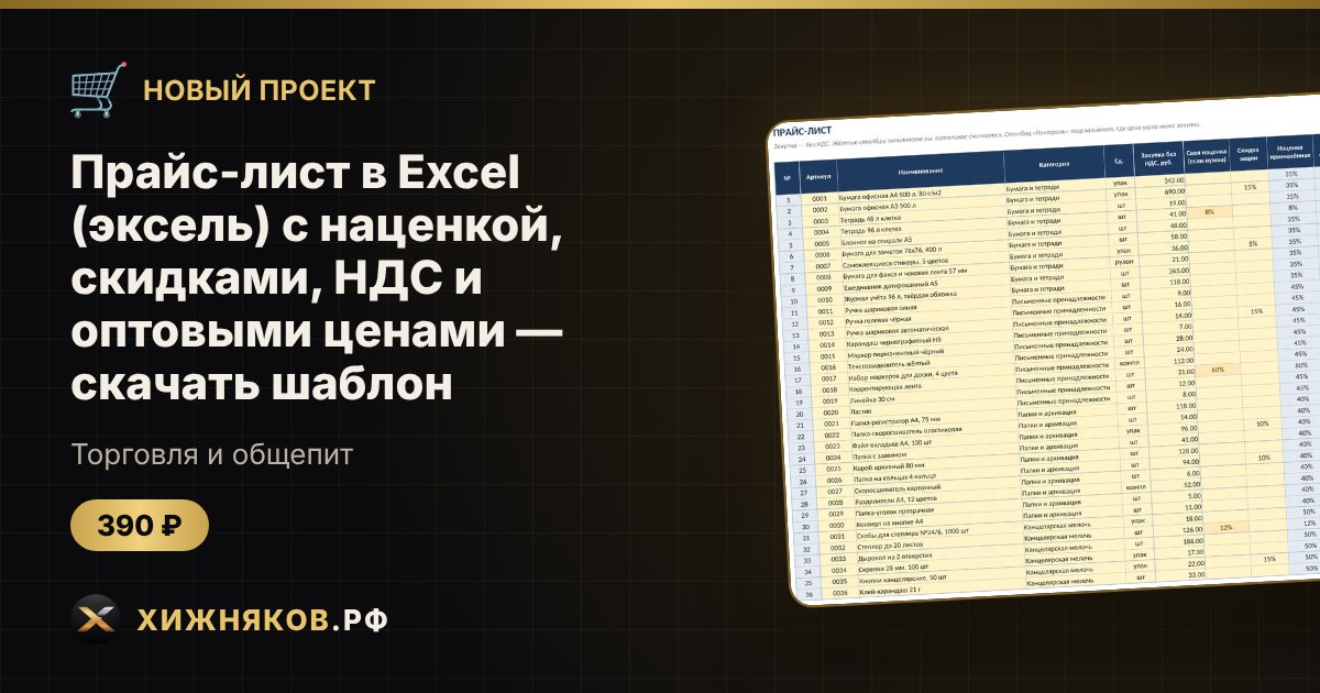 Прайс-лист в Excel (эксель) с наценкой, скидками, НДС и оптовыми ценами — скачать шаблон — фото 1