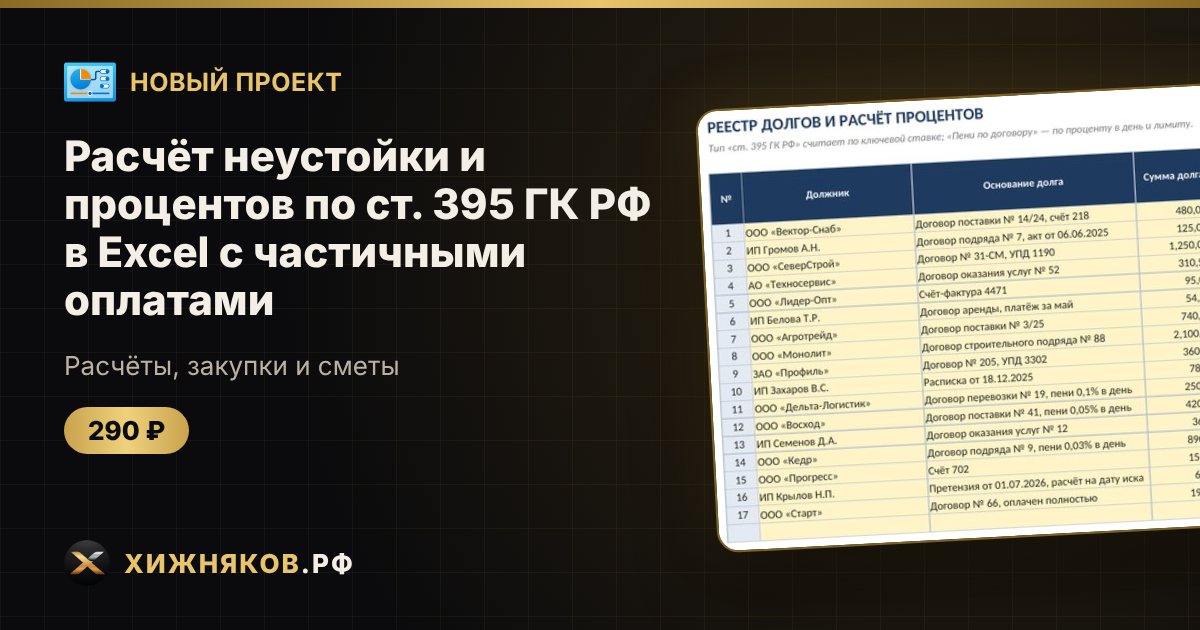 Расчёт неустойки и процентов по ст. 395 ГК РФ в Excel с частичными оплатами — фото 1