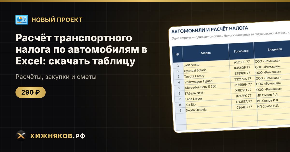Расчёт транспортного налога по автомобилям в Excel: скачать таблицу — фото 1