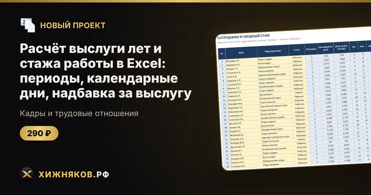 Расчёт выслуги лет и стажа работы в Excel: периоды, календарные дни, надбавка за выслугу — фото 1