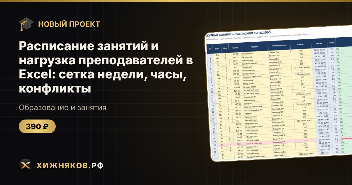 Расписание занятий и нагрузка преподавателей в Excel: сетка недели, часы, конфликты — фото 1