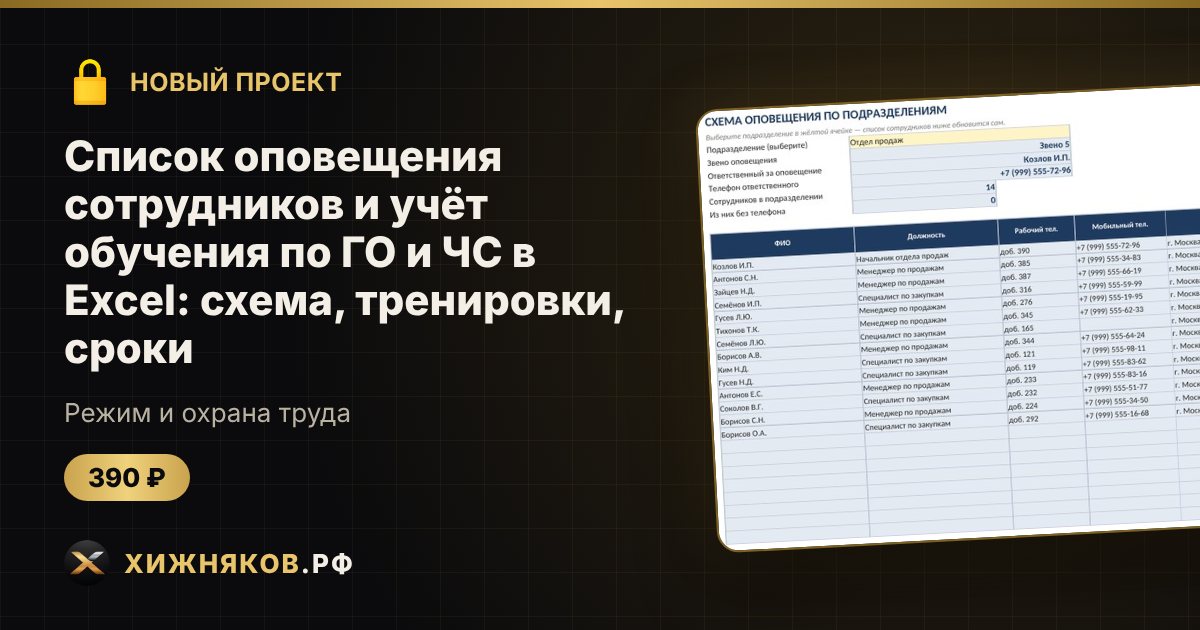 Список оповещения сотрудников и учёт обучения по ГО и ЧС в Excel: схема, тренировки, сроки — фото 1