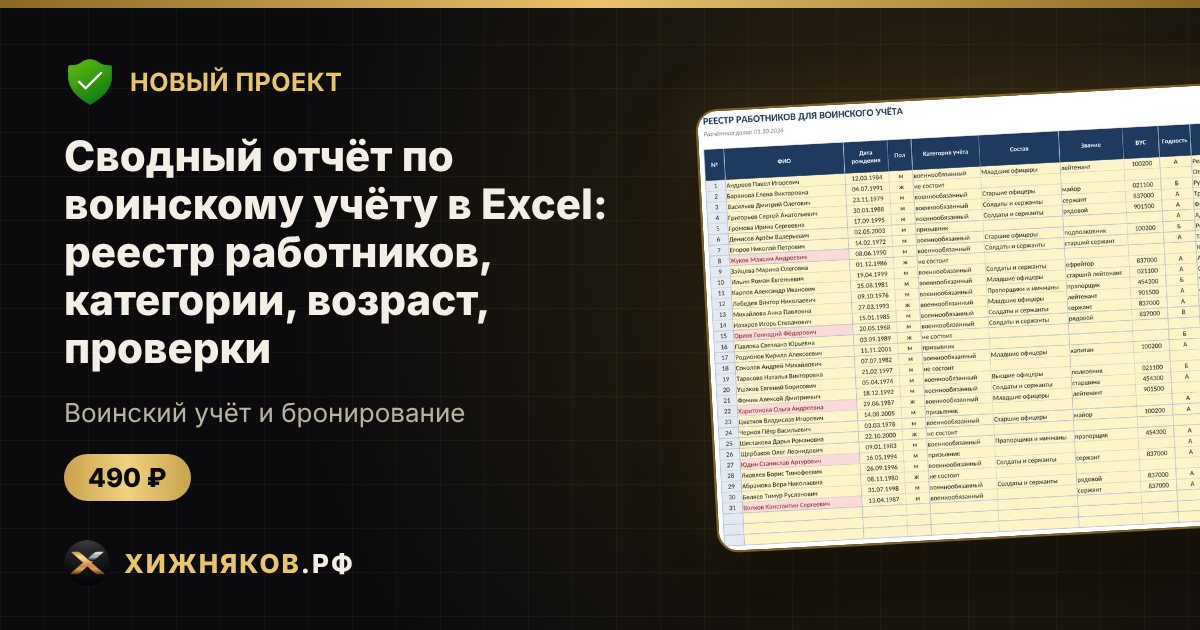 Сводный отчёт по воинскому учёту в Excel: реестр работников, категории, возраст, проверки — фото 1