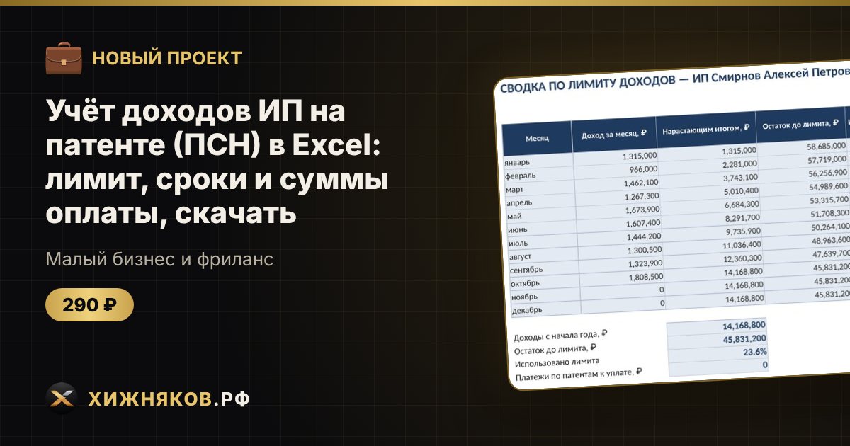 Учёт доходов ИП на патенте (ПСН) в Excel: лимит, сроки и суммы оплаты, скачать — фото 1