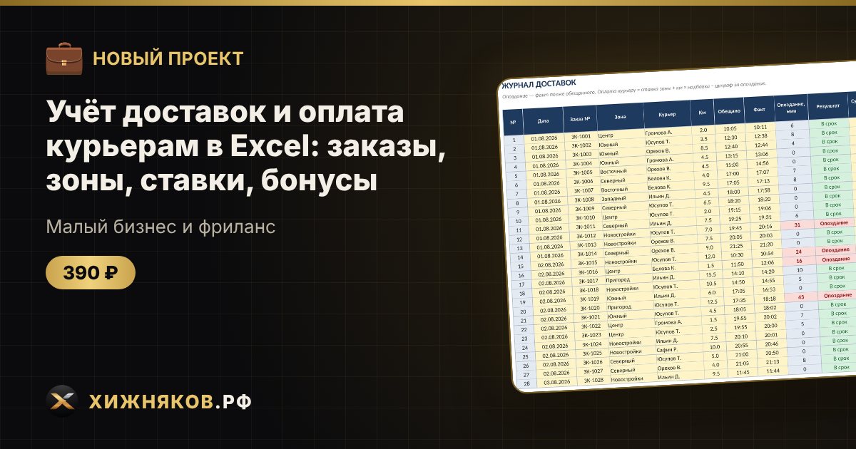 Учёт доставок и оплата курьерам в Excel: заказы, зоны, ставки, бонусы — фото 1