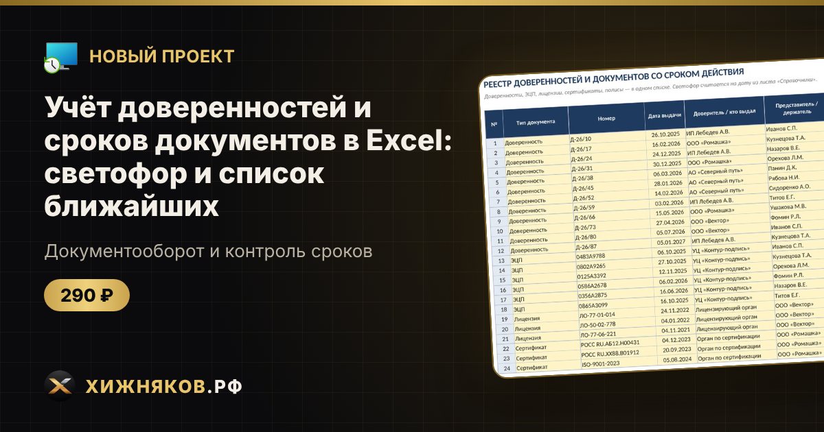 Учёт доверенностей и сроков документов в Excel: светофор и список ближайших — фото 1