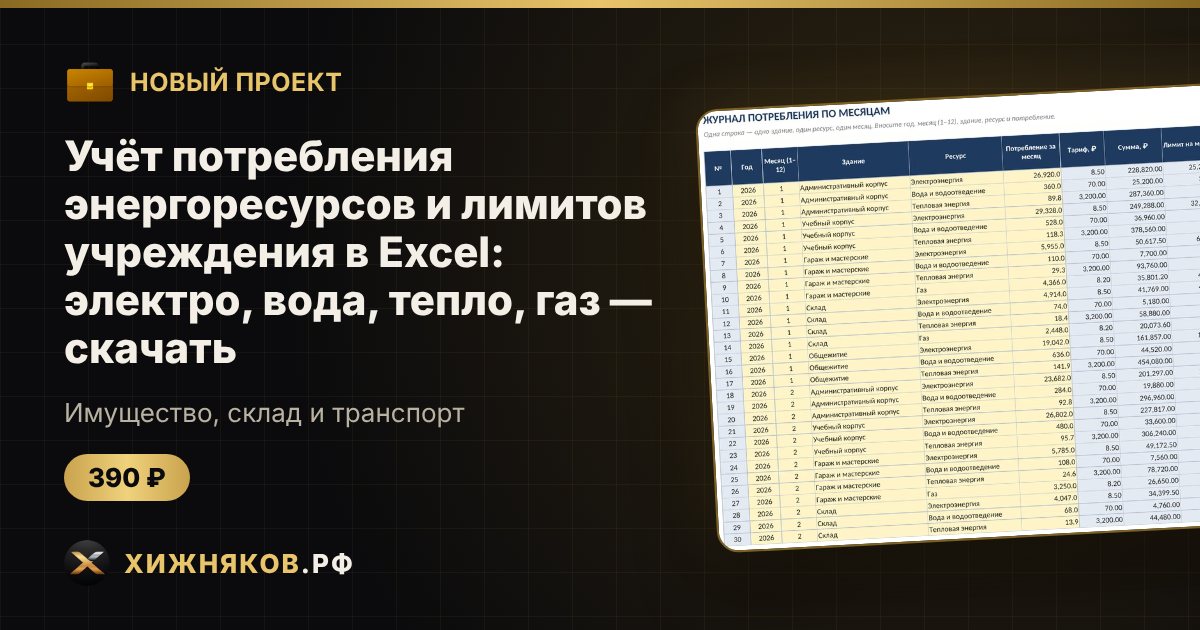 Учёт потребления энергоресурсов и лимитов учреждения в Excel: электро, вода, тепло, газ — скачать — фото 1