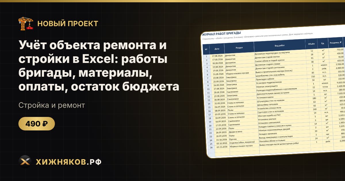 Учёт объекта ремонта и стройки в Excel: работы бригады, материалы, оплаты, остаток бюджета — фото 1